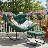 Wisteria Lane Patio Rocking Chair with Ottoman, Outdoor Indoor Rocking Egg Chair with Cushions, Metal Lounge Chair Oversized Papasan Chair, Outdoor Wicker Reading Chair for Porch Garden, Green