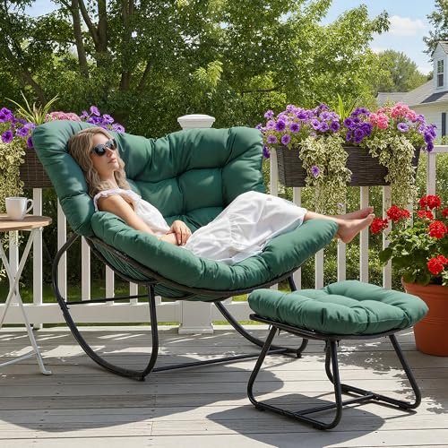 Wisteria Lane Patio Rocking Chair with Ottoman, Outdoor Indoor Rocking Egg Chair with Cushions, Metal Lounge Chair Oversized Papasan Chair, Outdoor Wicker Reading Chair for Porch Garden, Green