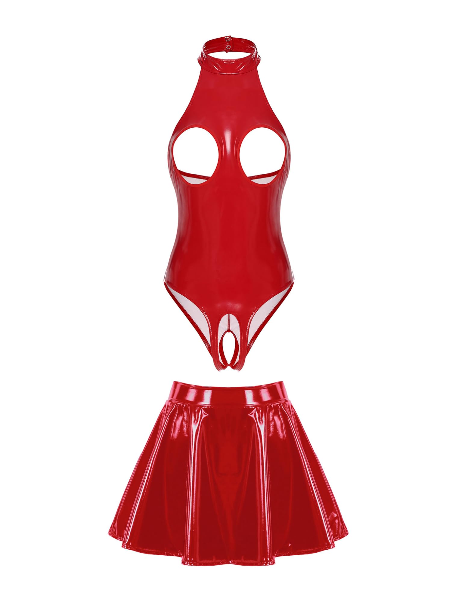 Kaerm Wetlook Leder Bodysuit Damen Offene Brüste Catsuit Schrittfrei Dessous Mit A Linien Lederrock Mini Faltenrock Gogo Tanz Rave Outfit Rot XXL