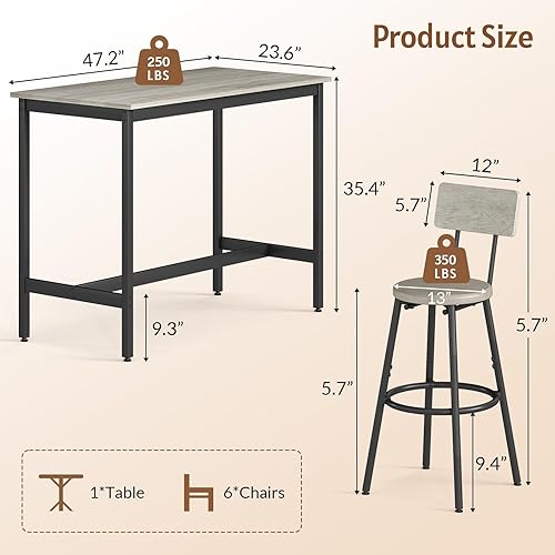 Miniatura 2 de Rovibek Juego de mesa de comedor de 6 piezas, mesa de bar moderna y sillas para 6 mesas y sillas altas, mesas de bar de altura industrial para