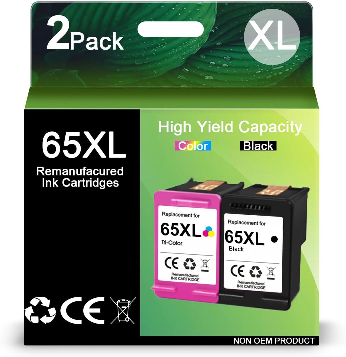 65XL Black and Color Combo Pack Remanufactured Ink Replacement for HP Ink 65XL for Envy 5055 Printer 5020 5052 5058 DeskJet 3755 2655 2652 AMP 100 120 Series (1 Black, 1 Tri-Color)