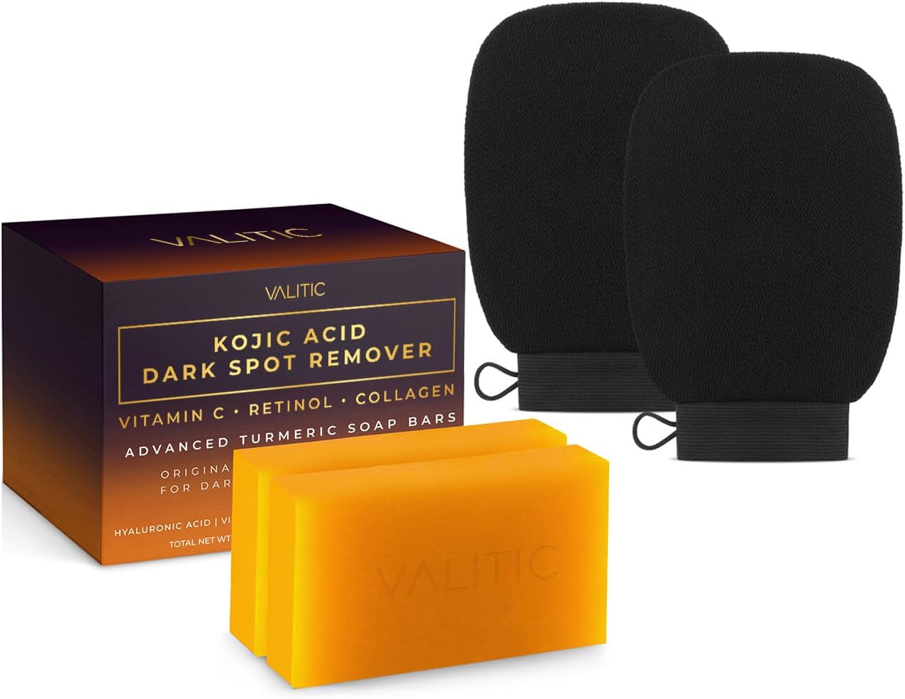 VALITIC 2 Pack Kojic Acid Dark Spot Corrector Soap Bars with Vitamin C, Retinol, Collagen, Turmeric - Original Japanese Complex - Hyaluronic Acid Bundle with 2 Black Exfoliating Gloves for Body Scrub