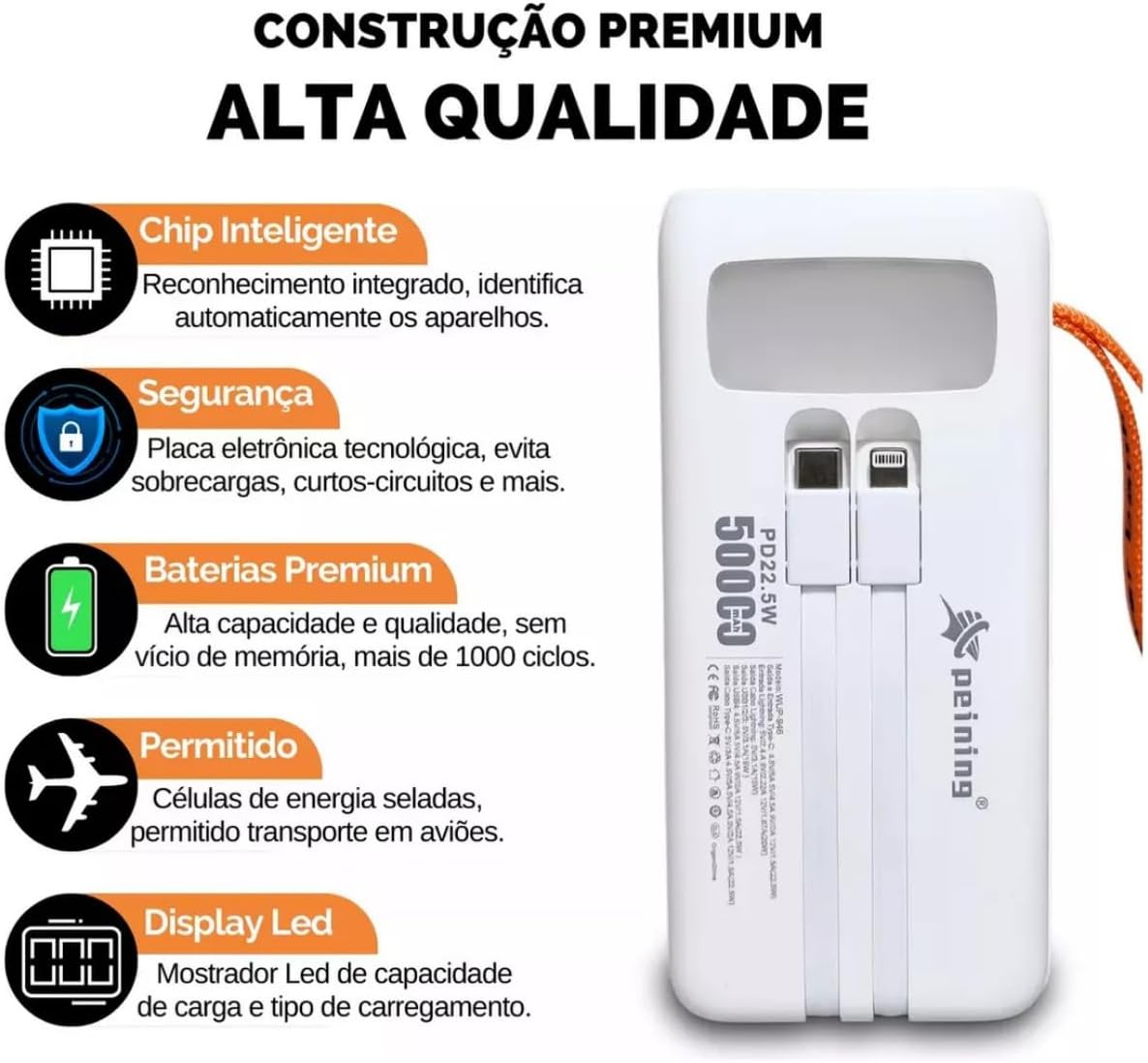 Carregador Portatil Power Bank 50000mah Universal Display Digital Carregamento Turbo Ultra Rápido 22.5W (BRANCO)