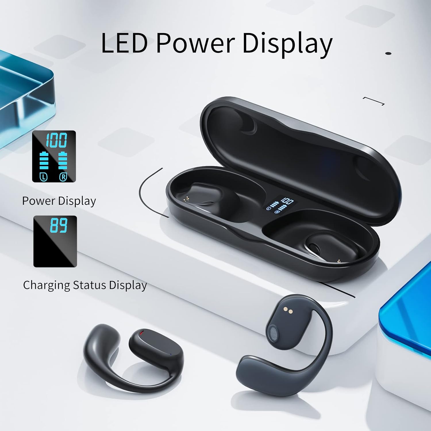 Falowy Open Ear Headphones and charging case with LED power display showing battery levels for both earbuds and the case.