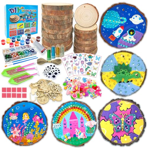 Ouker Wood Arts and Crafts Kit for Kids Girls Ages 6-8-12 Years Old-20 Unfinished Wood Slices with Painting Accessories-Fun Family Time Crafts Toys-Ideal Christmas Gifts and Decor