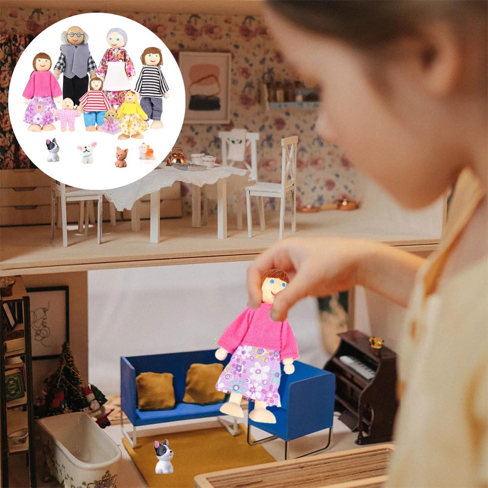 Ensemble Famille Poupées En Bois 8 Pièces - Avec Chien Et Chat, Pour Maison De Poupée, Jeu Imaginatif Enfant