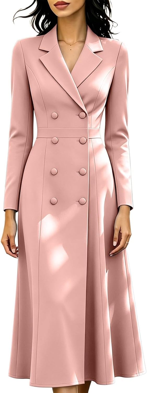 Women Double Breasted Blazer Dress Tailored Midi Work Formal Outfit | Elegant Notched Lapel Collar,Figure-Flattering Silhouette,Clean Seam Details,For Corporate Events,Meeting,Smart Casual Look
