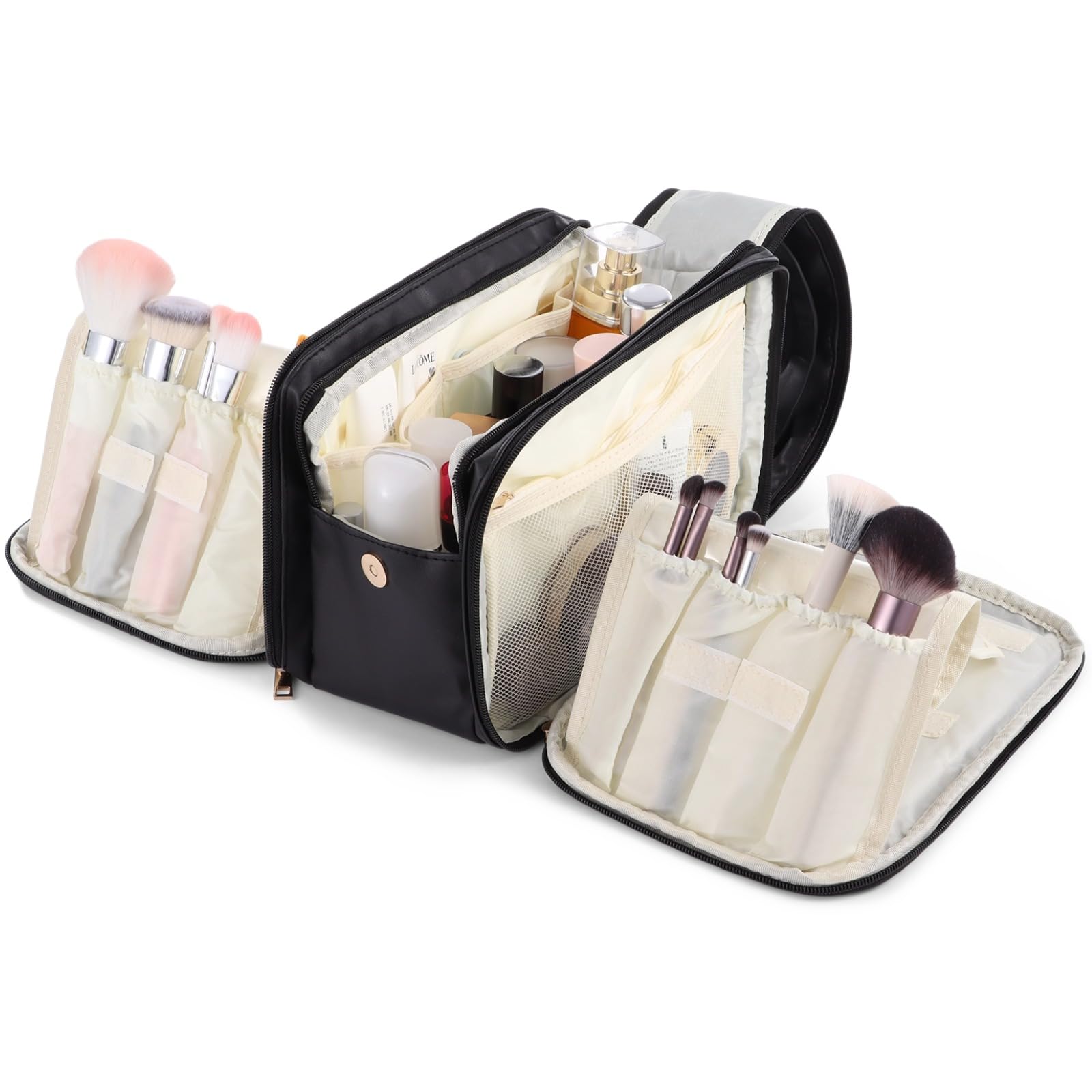 Kosmetiktasche für Reisen, große Make-up Tasche mit Mehreren Ebenen, Organizer mit Griff, PU Leder, wasserabweisend, tragbare Reißverschlusstasche mit aufstellbarem Pinselhalter