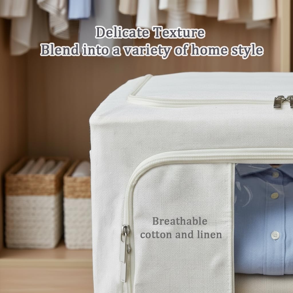Scatole per Armadio, in metallo 5 mm rinforzato, fondo in PP, 66L | Beige, Tessuto Cotone e Lino, Impilabili e Ripiegabili, Contenitori per Vestiti, per Trapunte e Piumoni