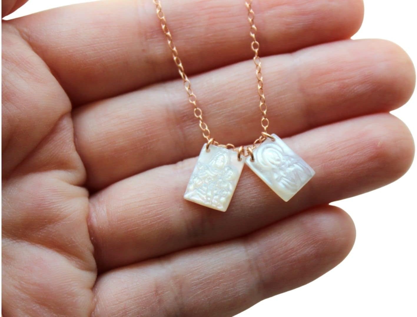 Scapular Necklace, 14k Rose Gold Filled, Scapular Jewelry, Mary and Jesus Necklace, 18", Authentic Mother of Pearl, Valentines Day Jewelry