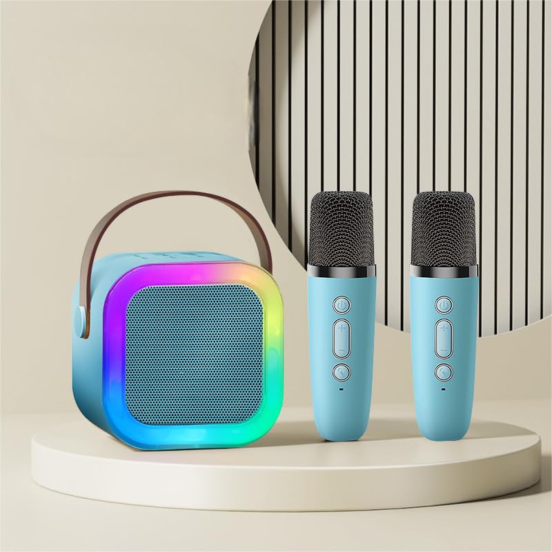 Karaoke Machine,Mini Karaoke Machine, with 2 Wireless Microphones, Bluetooth Speaker, Voice Changing Effects, LED Lights, TF Card Slot, Best Gifts Toys for Girls and Boys blue