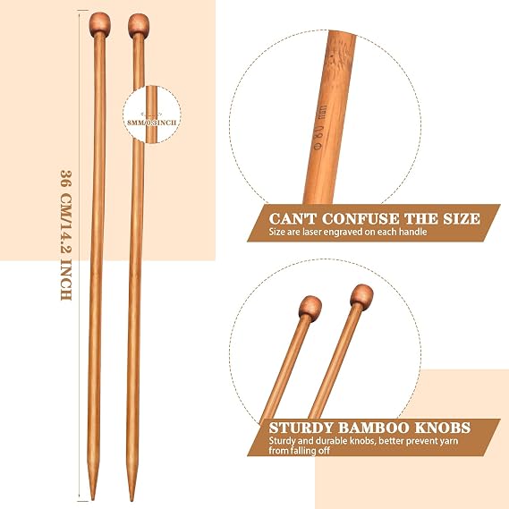 2 Pcs Knitting Needles Set Straight Single Pointed Knitting Needle Length 14 Inch Knitting Supplies Knitting Needles for Beginners Handmade (8 mm)