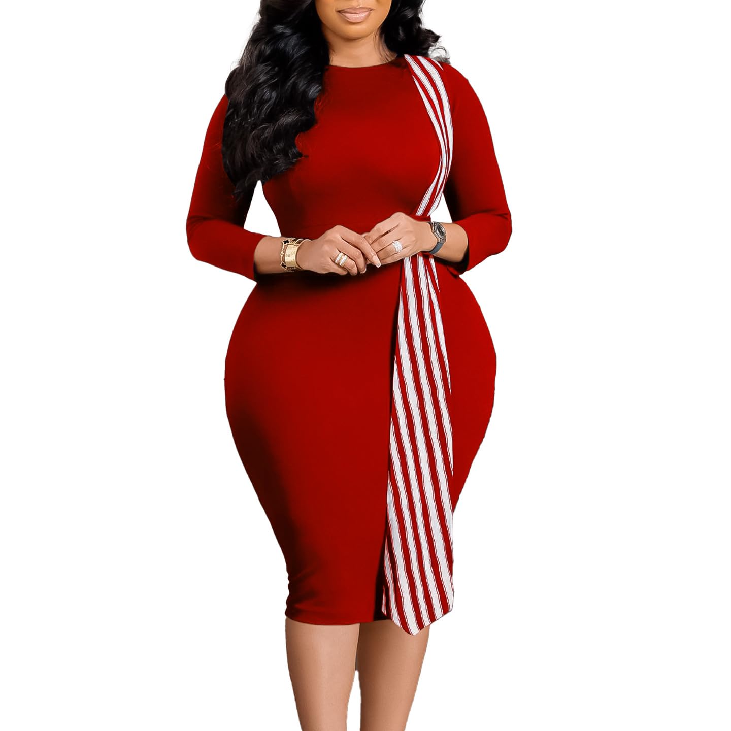 Irsutey Women Plus Size Elegant Bodycon Dress Crewneck Long Sleeve Work Midi Dress Business Office Casual Pencil Dress