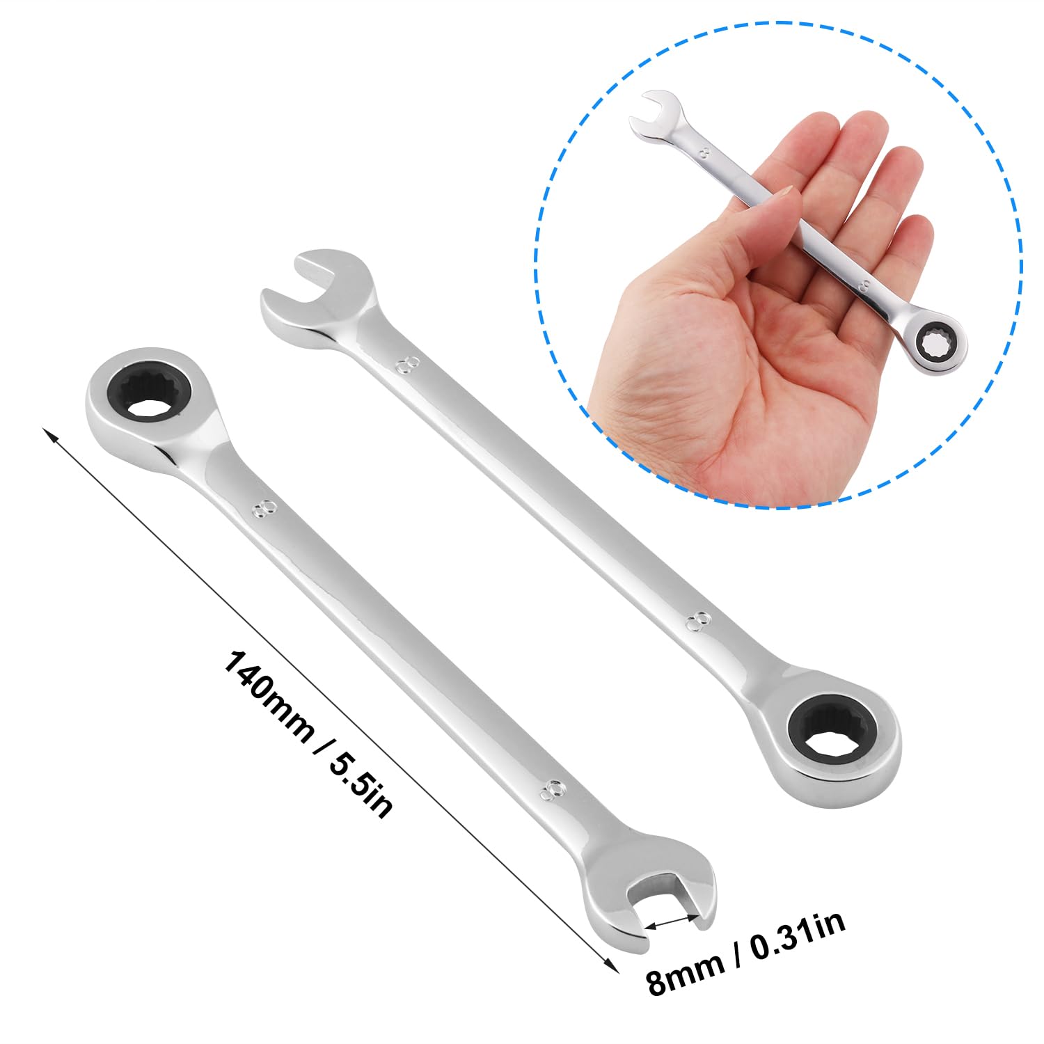 Juego de 10 llaves de carraca de 8 mm, llaves combinadas para mecánicos y entusiastas del bricolaje, métricas, 72 dientes, doble propósito