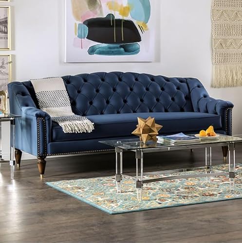 MASARA Velvet Sofa 91" Camelback Blue Nailhead & Walnut Legs