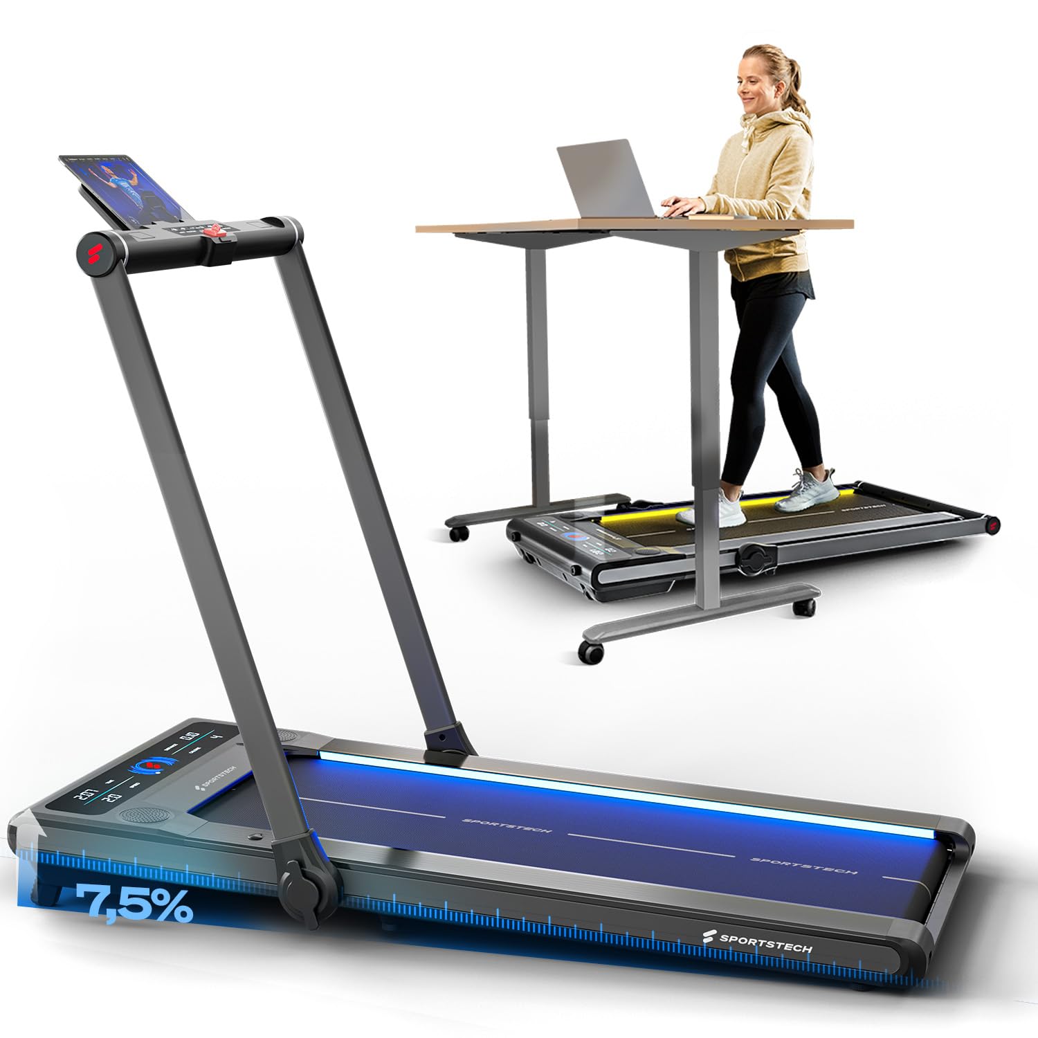 Sportstech F10 / sWalk Plus Laufband für Zuhause klappbar, Laufband mit Steigung, Walking Pad mit Steigung, Walking Pad klappbar bis 12 kmh, App Funktion, bis 130 kg