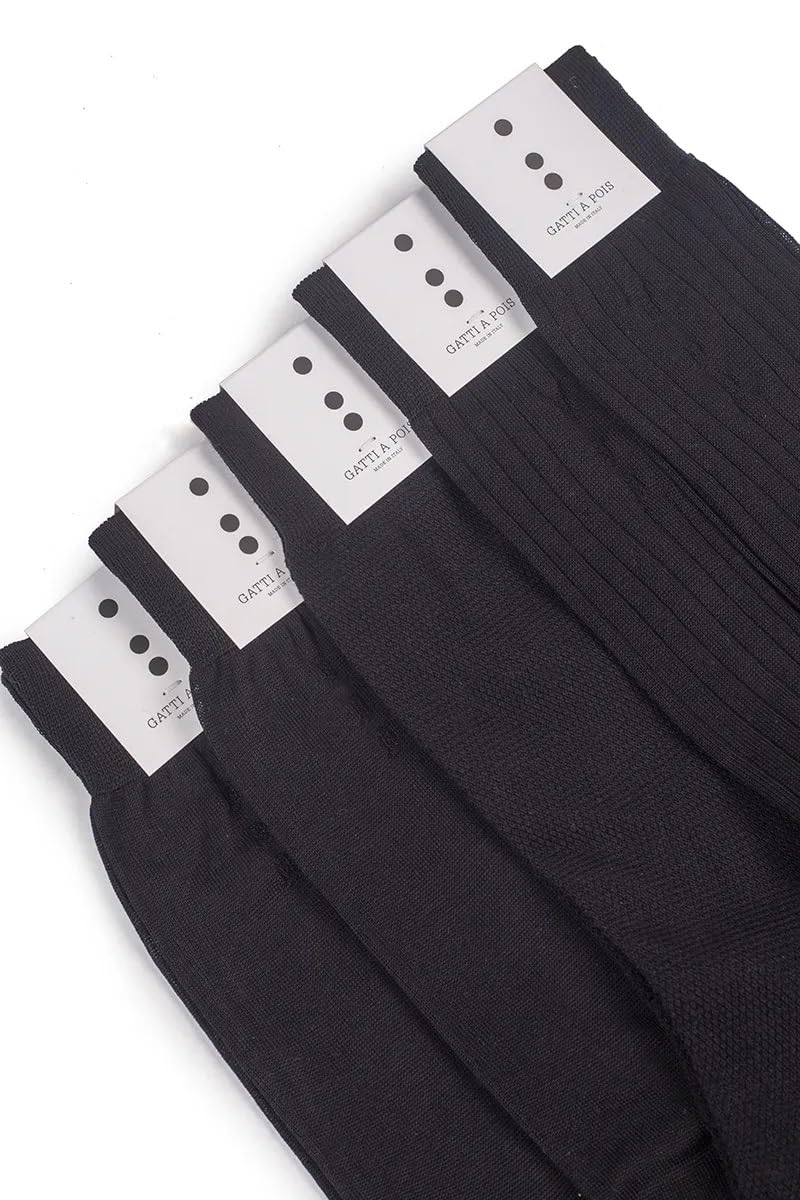 GATTI A POIS 5 Paia Calze Corte Uomo in Filo di Scozia, Total black, Lavorazioni Miste, Elegante, Mezzagamba, Made in Italy