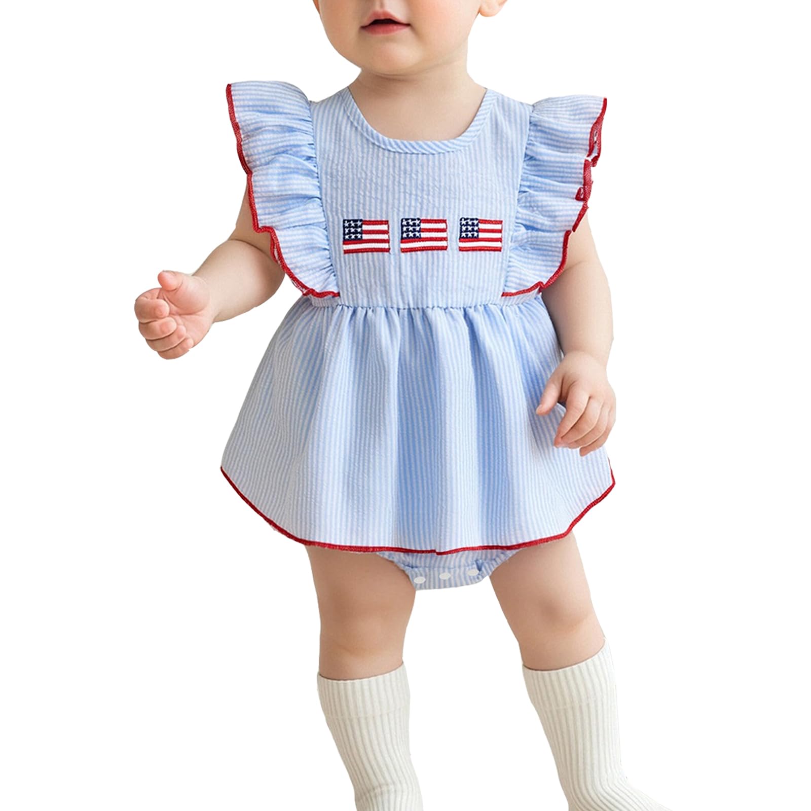 Socutebabe 4th Of July Baby Girl Outfits My First Fourth Of July Onesie Usa Bubble Romper Newborn Dress Smocked Outfit (American Flag Blue, 12-18 Months)