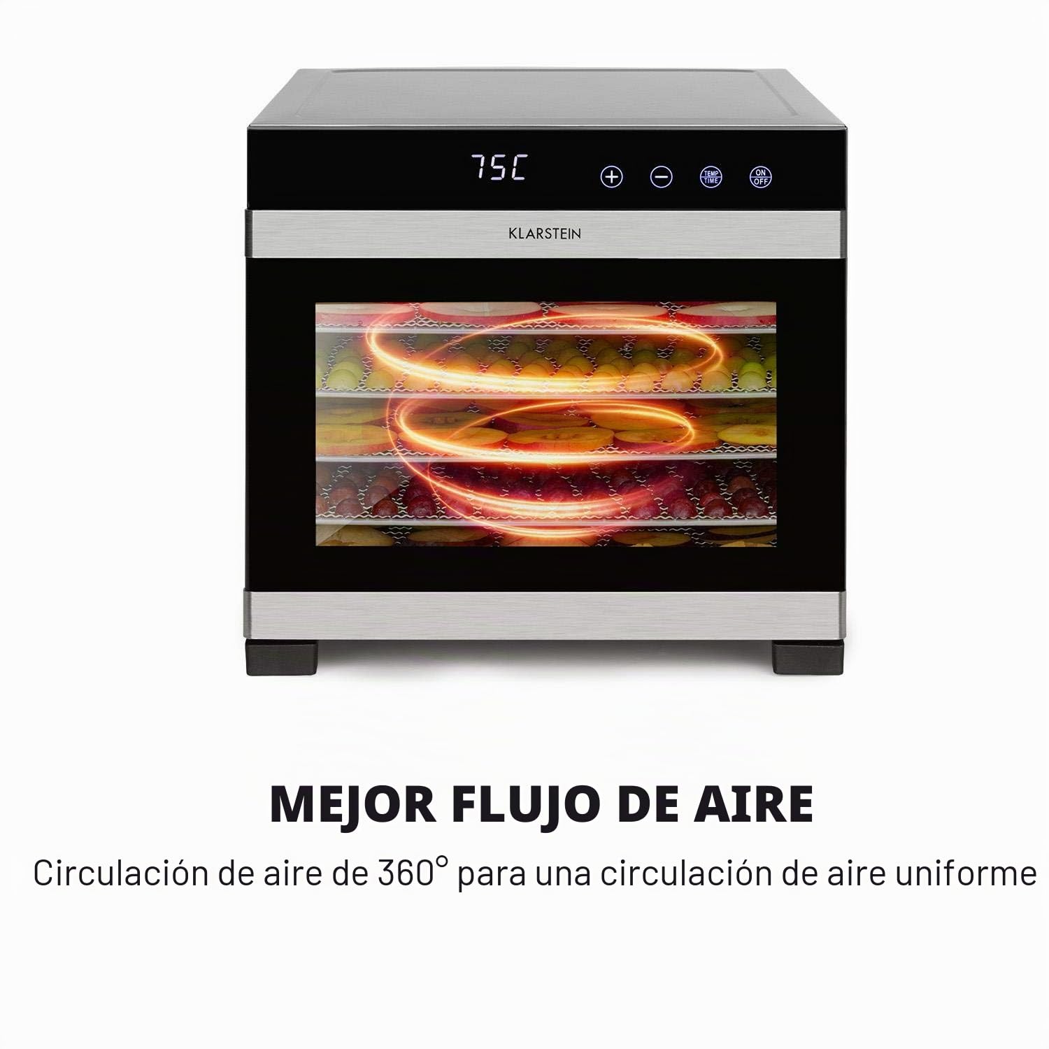 Klarstein Flavour Dry Deshidratadora de alimentos - Carcasa de acero inoxidable, 6 baldas, Temperatura 35-70 °C, Pantalla táctil LCD, 360° Airflow Circulation, Termostato digital, Frontal negro