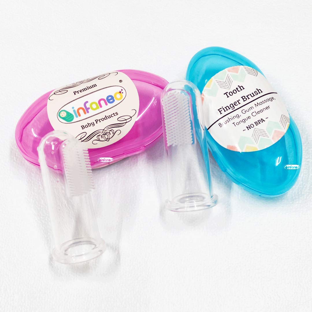 Rachna's Soft Bristle Baby Teething Gum Massager Transparent Silicone Finger Brush Tongue Cleaner with Toothbrush Case - 8023 - Pack of 2 - Upto 2 Years