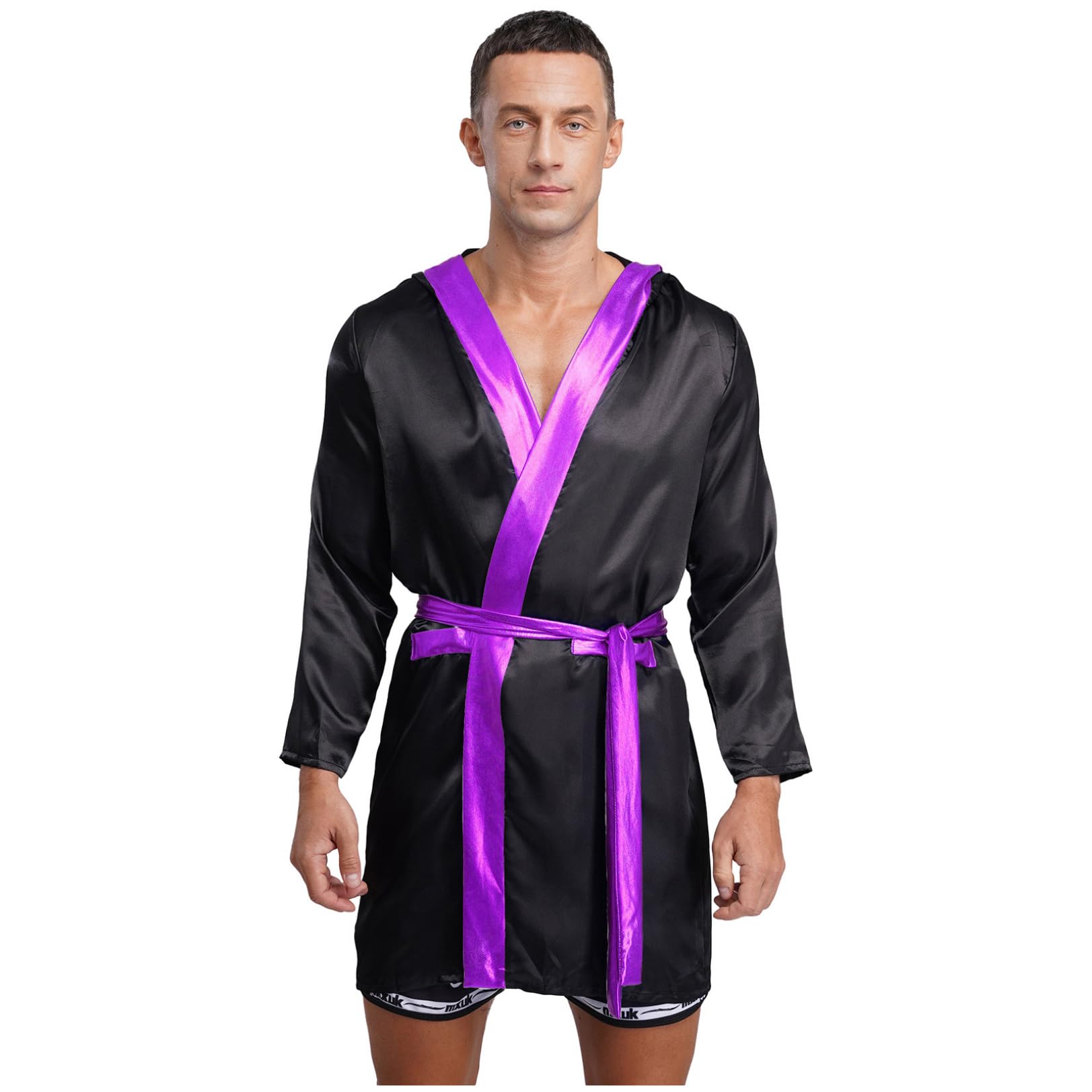 renvena Disfraz de boxeador para hombre, bata de satén, kimono, bata con capucha, cinturón metálico, adulto, deportista, disfraz de artes marciales