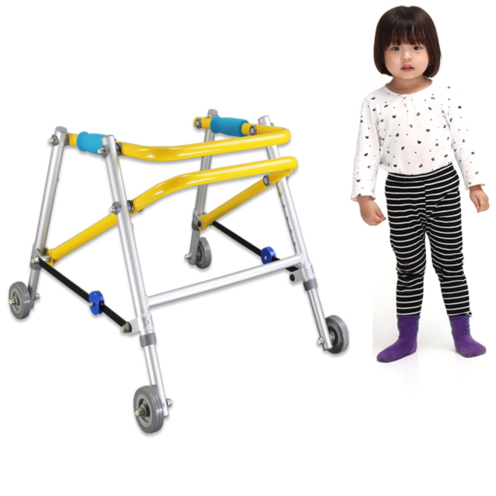 Andador plegable para niños con ruedas Andador ligero con 4 ruedas, andador ajustable en altura de aleación de aluminio, andador liviano para niños pequeños, adolescentes con necesidades especiales