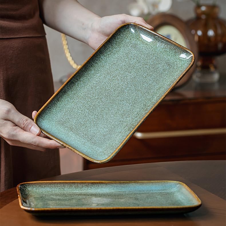 Ceramic Dinner Plates Dish, 10 Inch Rectangular Serving Platter, Microwave,Dishwasher Safe,Not Suitable for Oven,Kitchen Dinnerware,Green Serving Trays for Entertaining - Image 3