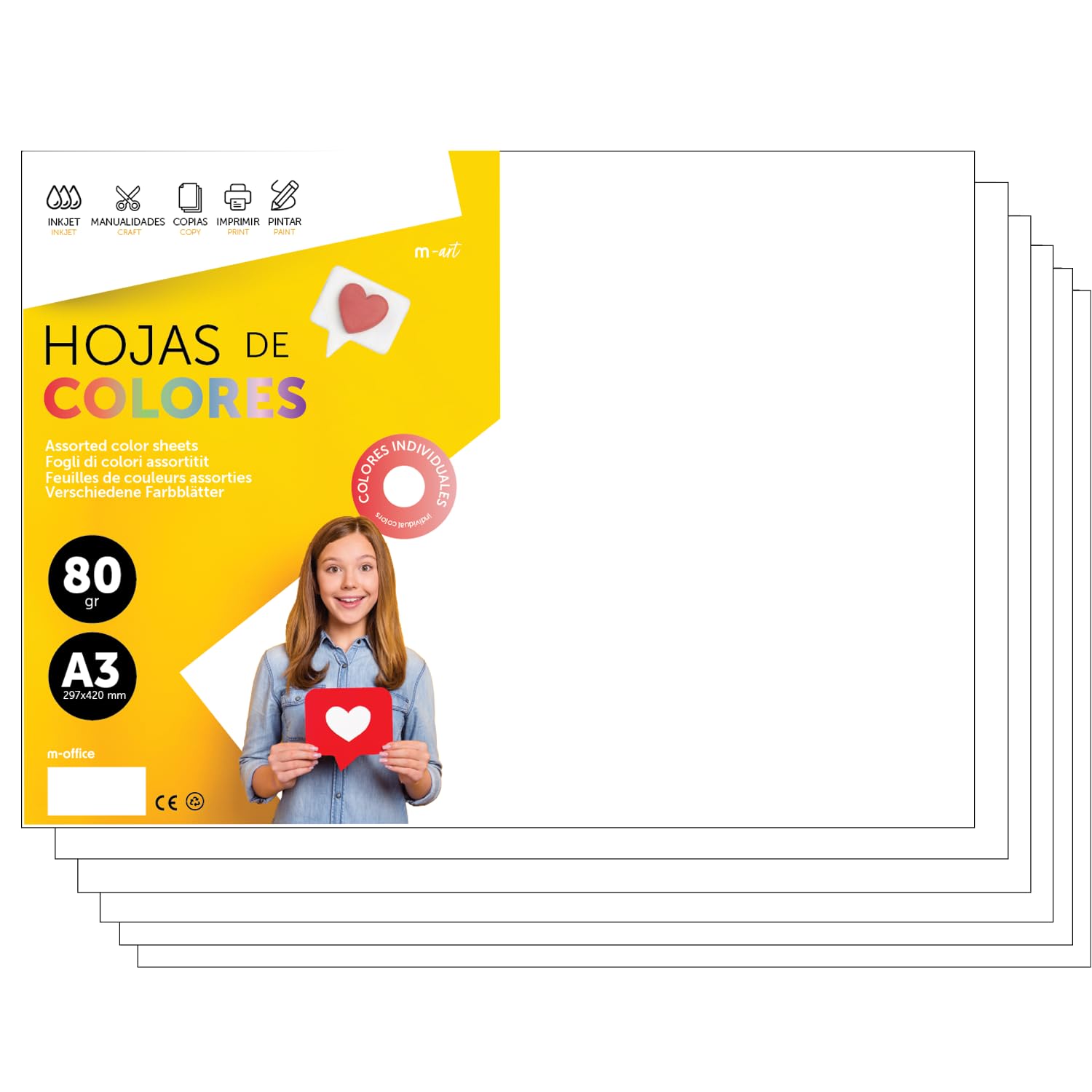 m-Office A3 80 g Coloured Paper for Printers and Crafts, Assorted Paper for Children, Pack of Colours for Cards, School and Creative Projects · m-Office (100h, White) — image 1