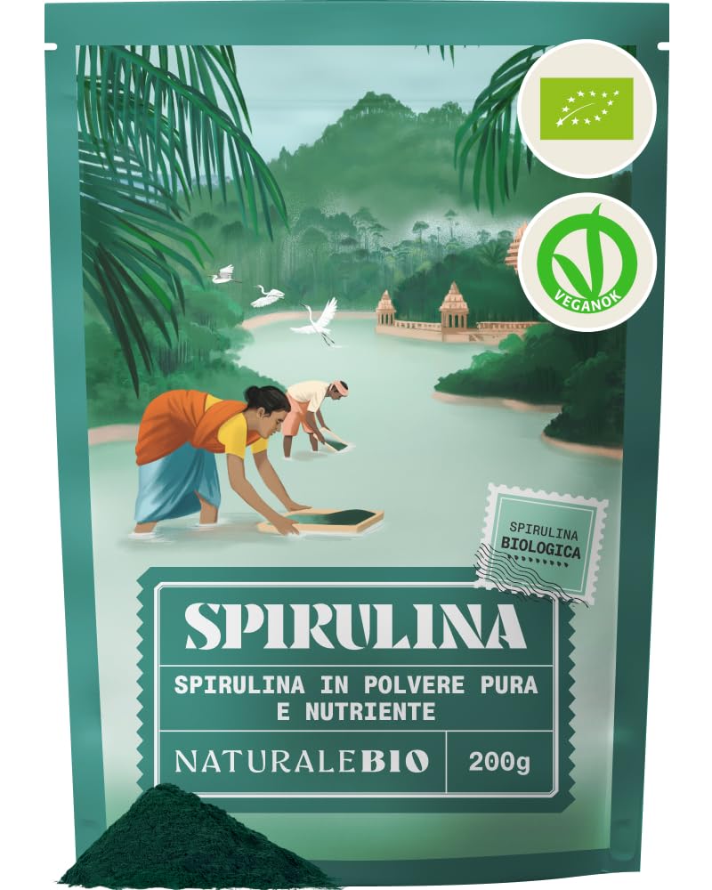 NaturaleBio Alga Spirulina Biologica in Polvere 200g. Bio, Naturale e Pura, Coltivata nelle regioni Tropicali dell'Asia. Ideale in Bevande, frullati o per Ricette. Adatta a Vegetariani e Vegani.