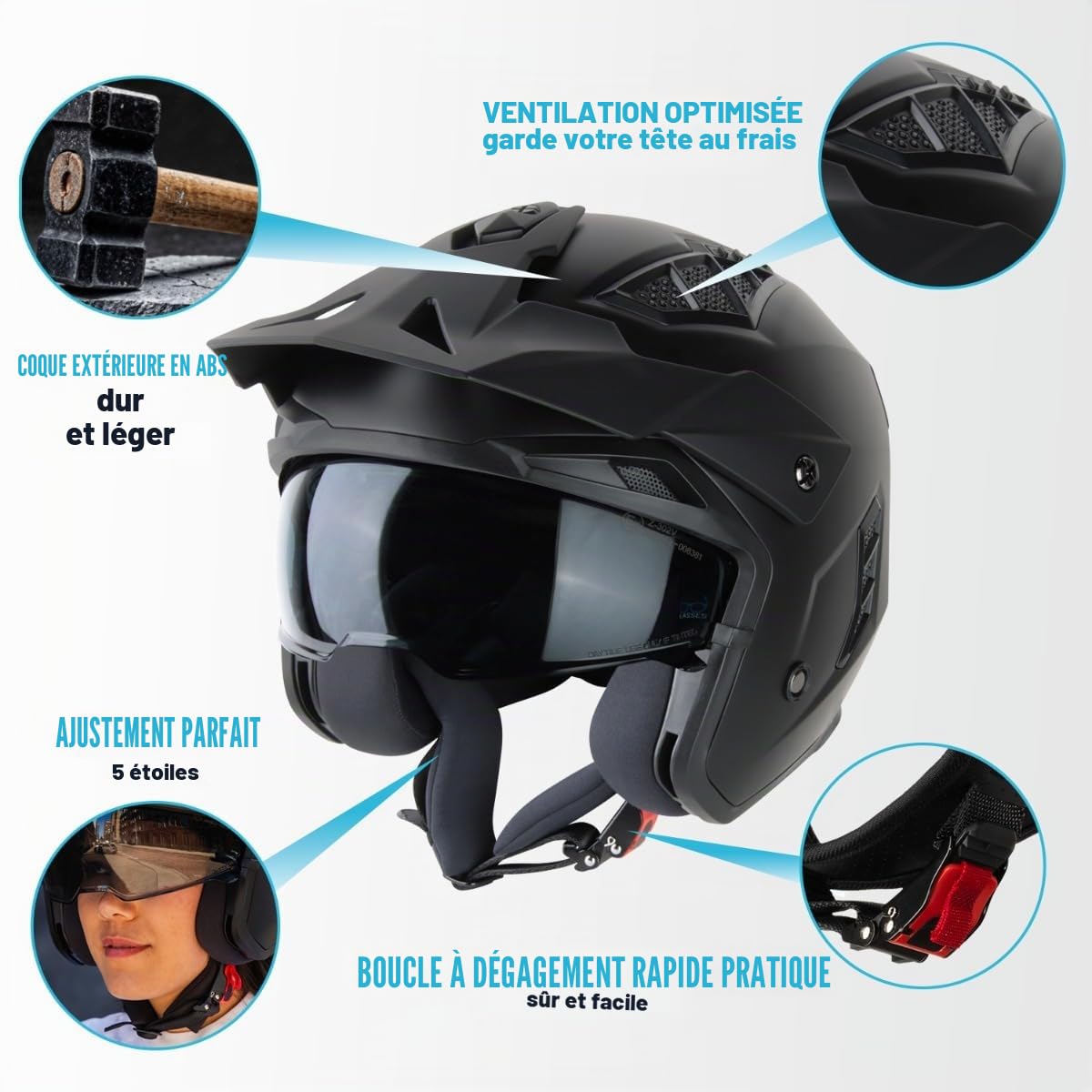 VINZ Kioto Casque Jet / Casque Streetfighter | Homologué ECE 22.06 | Casque de Scooter avec visière Solaire / Pare-Soleil | Casque Jet avec mentonnière Amovible