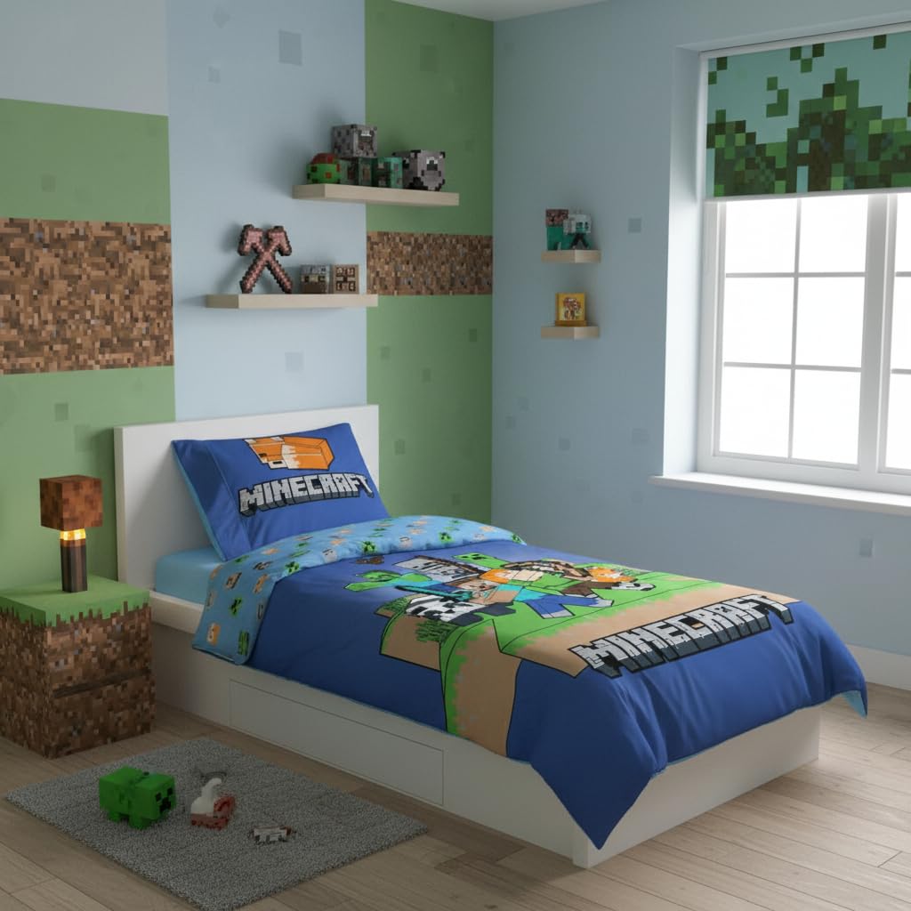 Minecraft Pościel dla dzieci, poszwa na kołdrę 140 x 200 cm i poszewka na poduszkę 50 x 70 cm, 100% bawełna, miękka, oddychająca i dwustronna, wzór Minecraft "Ready to Survive"