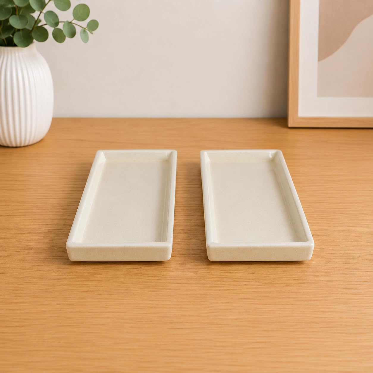 Lasaki Slato Tray Ivory HT25 Set of 2 | Rectangle Ceramic(Plates/Saucers) for Pots,Planters,Flowers,Succulents|Decorative Garden Accessories|(L - 23.5 X W - 11.5 X H - 2.5 cm)-image-1