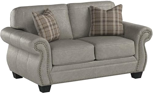 Miniatura 4 de Signature Design by Ashley Olsberg - Sofá biplaza de piel sintética con ribete de clavos y 2 almohadas decorativas, color gris