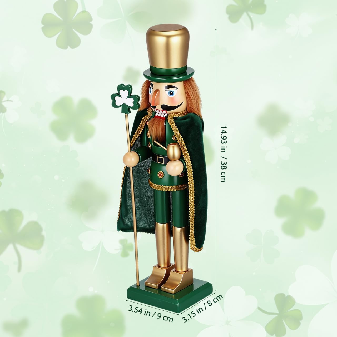 Cabilock 15Inch Christmas Nutcracker Soldier Figure Wooden Irish Shamrock Decor St. Patricks Day Ornaments, Hand-Painted Lucky Irish Cape Nutcracker Festive Ornament for Christmas Desktop Home Decor