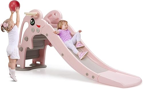 Baby Joy Slide para niños, juego grande para escalador de juegos con pendiente de deslizamiento extralarga, aro de baloncesto y bola, regalo ideal