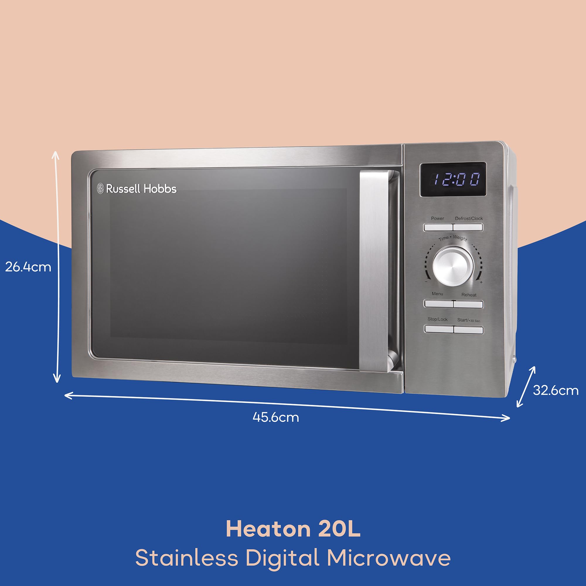 Russell Hobbs Micro-onde numérique en acier inoxydable 20 litres 800 W Solo Digital avec 5 niveaux de puissance, fonction de décongélation et nettoyage facile, minuterie de 60 minutes, 8 menus