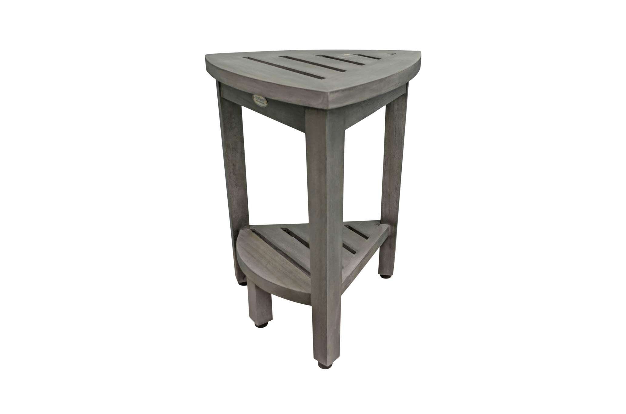 CoastalVogue Flexi Corner - Taburete de esquina de teca para ducha de madera, asiento de ducha de esquina con estante, taburete de esquina de 15 pulgadas en acabado gris antiguo