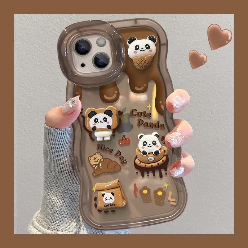 Image of COVERLY 3D Cute Creative Bear Panda Cartoon Chocolate Coffee Decor Wave Curly Edge Invisible Double Phone Stand Holder Happy Doll Cover Girly Charm Case for Apple iPhone 15 Pro Max (Brown)