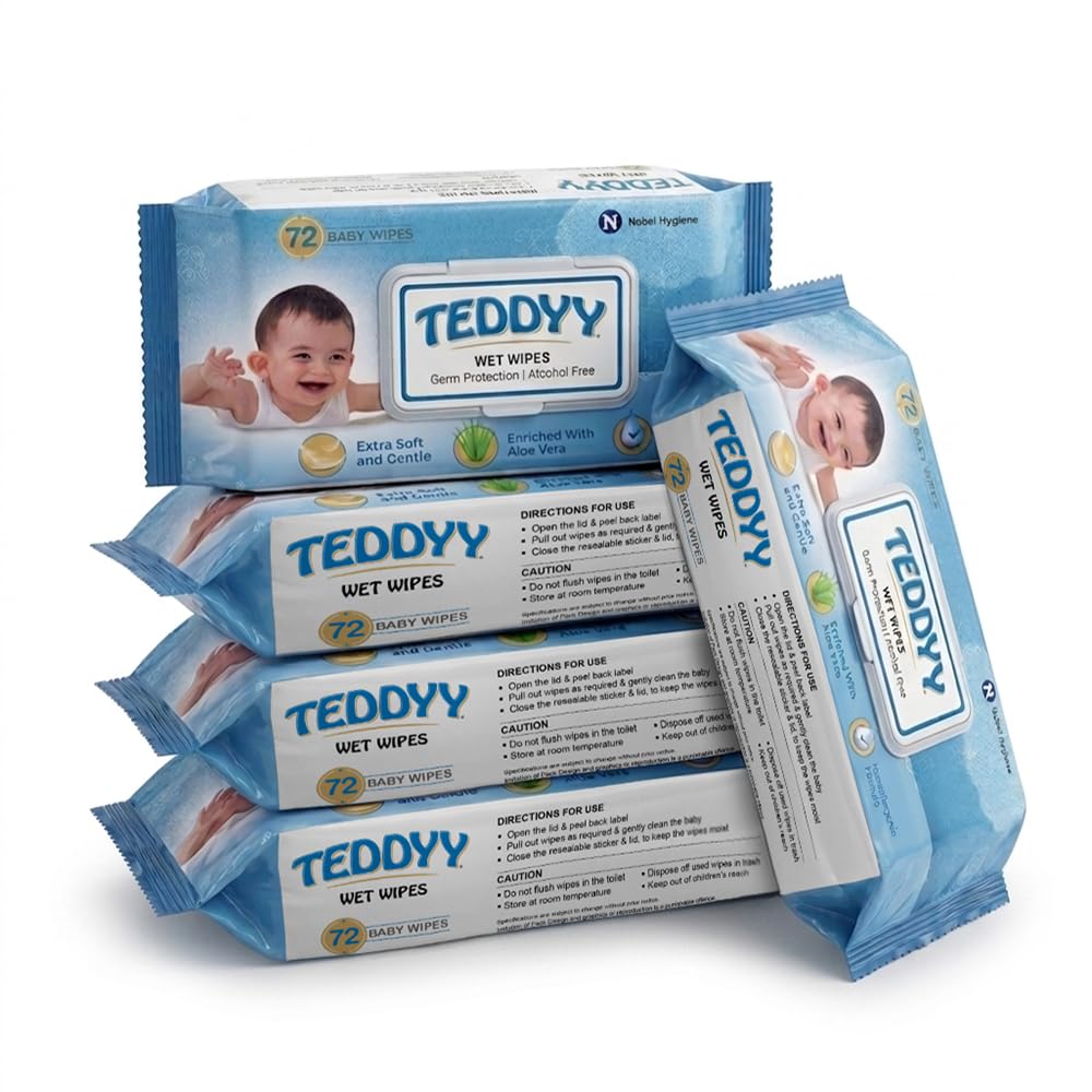 Teddyy Soft Cleansing Baby Wet Wipes with Lid | 360 Wipes | Special Germ Protection | Anti - Rash | Enriched With Aloe Vera and Vitamin E | 72 Wipes x 5 Packs