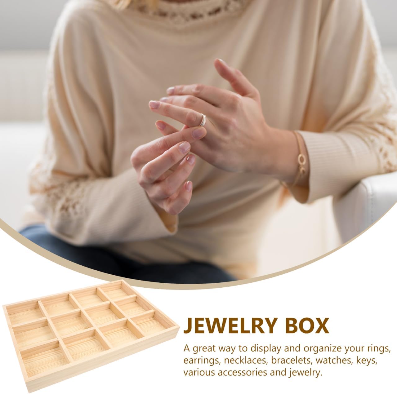 Yardwe Wooden Jewelry Storage Tray with 4 Compartments Retro Multi-Use Ring Dish Organizer for Rings Earrings Necklaces Bracelets and Accessories 9.45 X 1.38 X 1.38 Inches