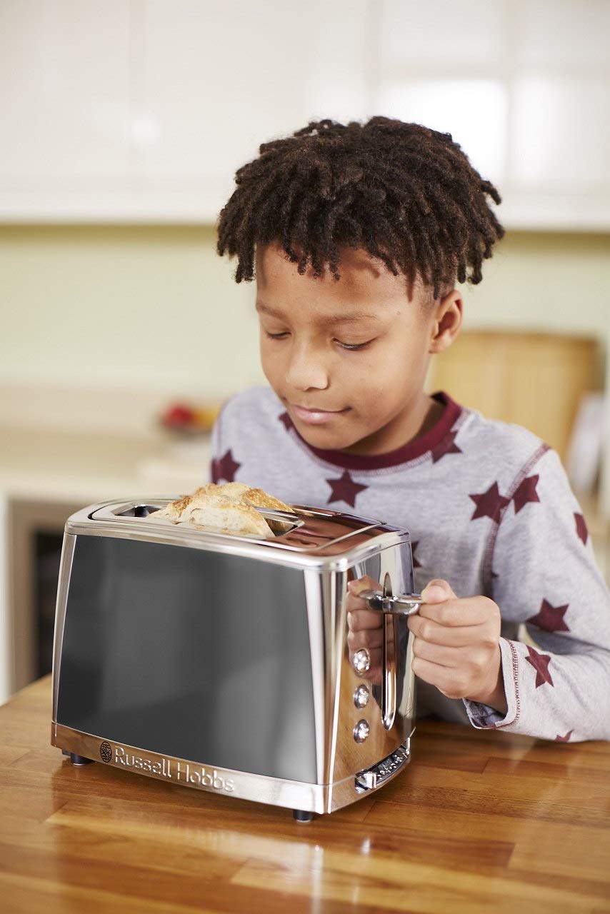 Russell Hobbs Grille Pain [Pour 2 Tranches] Luna Gris Inox (2 Fentes extra larges, 6 Niveaux de Brunissage rapide, Surélévation & contrôle, Décongèle, Réchauffe viennoiserie, 1550W) Toaster 23220-56