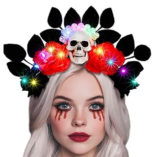 Bafuny Rose Skull Headband Red Black Flower Crown Halloween Light Up Headpieces Day of the Dead Head Accessories for Women