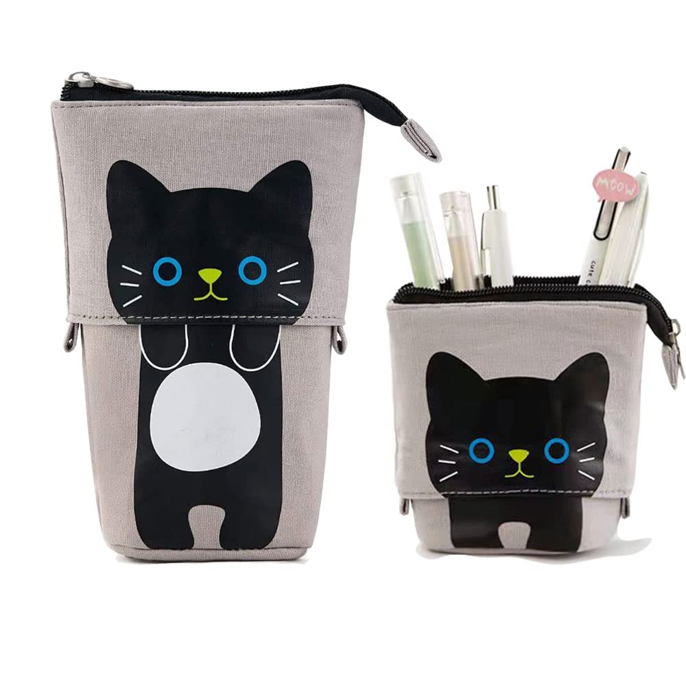 Astuccio Telescopico Per Bambini In Tela Marrone Con Gatto, 18x8x12 Cm, Portapenne Con Cerniera E Tasche, Regalo Scuola - 3