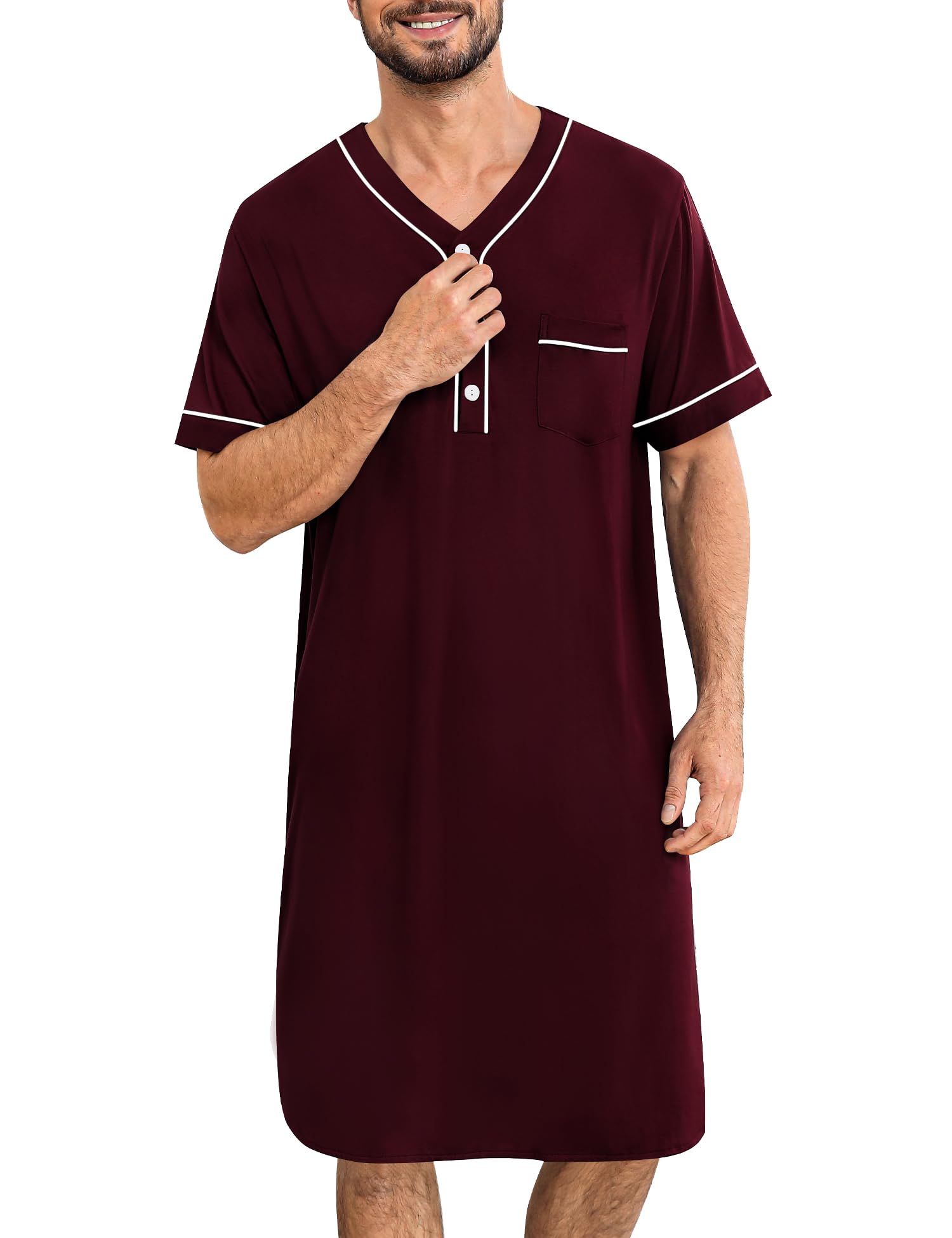 SWOMOG Mens Nightgown Short Sleeve Lounge, Sleep Henley Shirt Pajama Big &amp; Tall Nightshirt Comfy Nightwear M-3XL