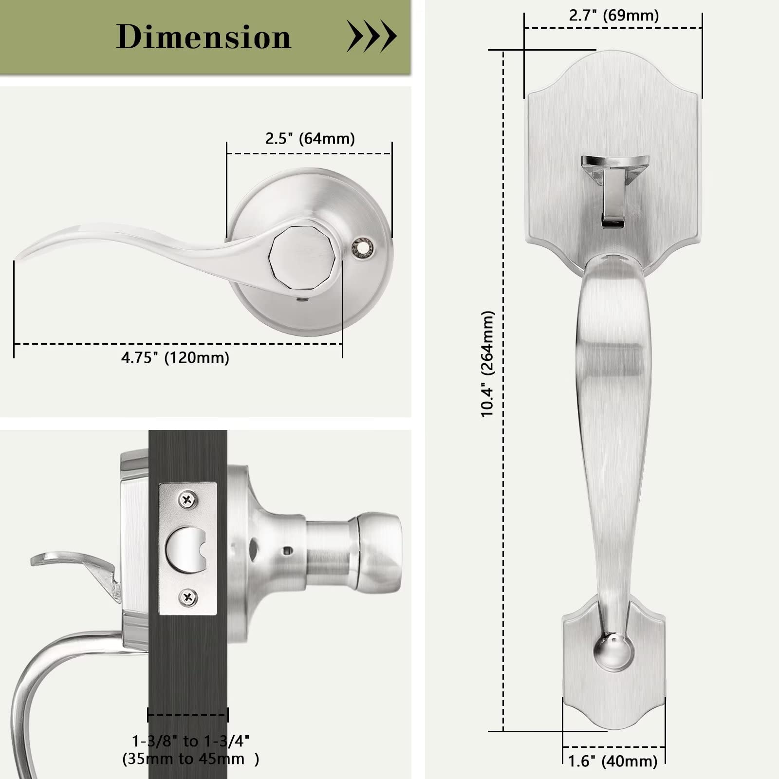 Tinewa Keyless Passage Lock Grip Handle with Wave Lever, Low Profile Front Lock Handleset with Halifax Satin Nickel Finish, Interior and Exterior Entrance Passage Lock