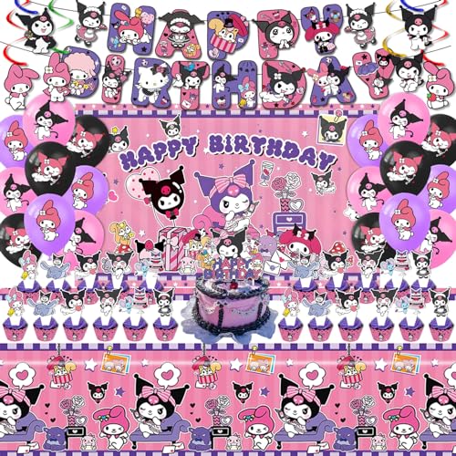 AVONO Kuromi Birthday Party Supplies, Party Decorations Set Include Banner, Backdrop, Balloons, Hanging Swirls, Cake Cupcake Toppers, Tablecloth for Girls Kuromi Theme Party