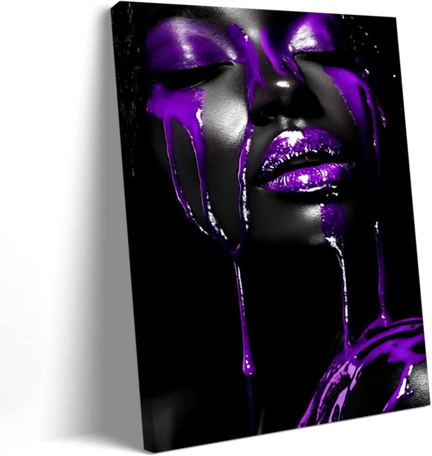 ZSHARTSWD African American Canvas Wall Art Black and Purple Woman Pictures Abstract Girl Portrait Print Painting Fashion Female Poster for Bedroom Home Decor (Black, 18L x 12W)