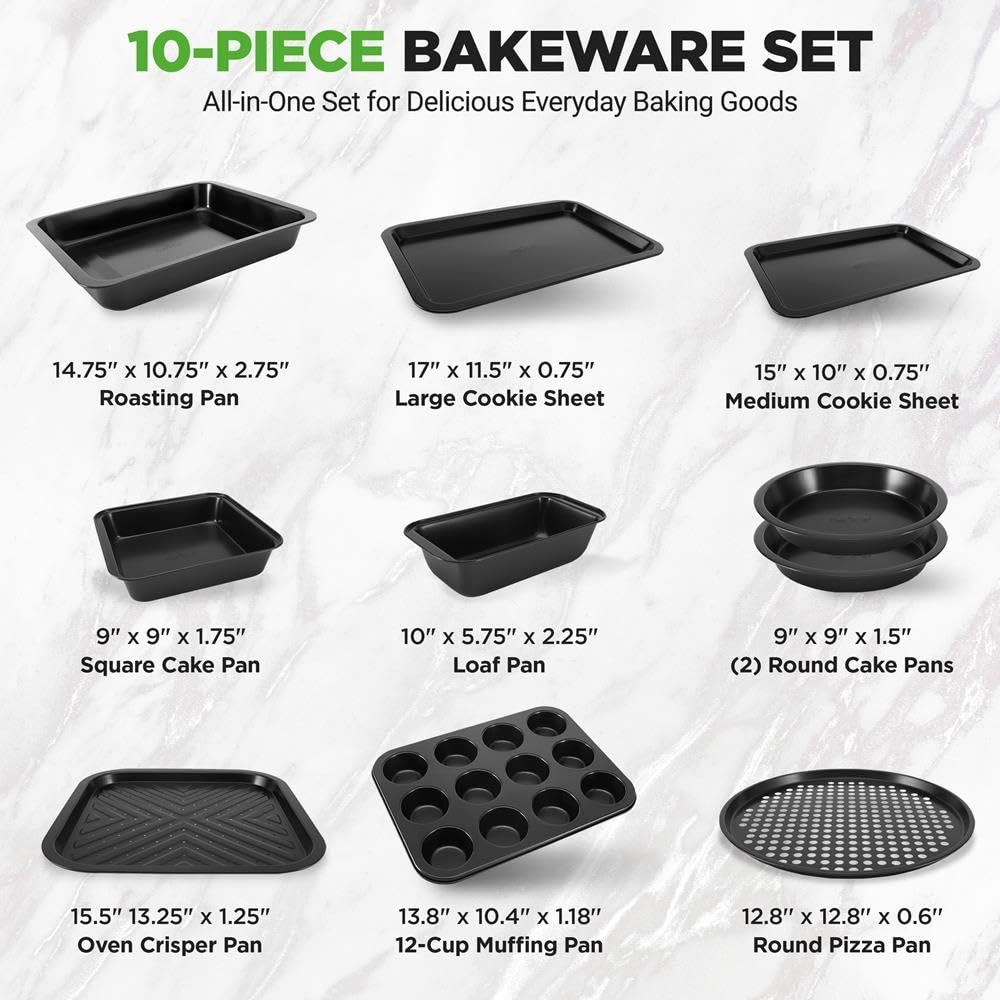 Nutrichef Lot de 10 plaques de cuisson antiadhésives pour four, plaques à biscuits, plaques à biscuits, carrées, rondes, en acier carbone, pour pain, pizza, cupcakes, passent au lave-vaisselle, noir