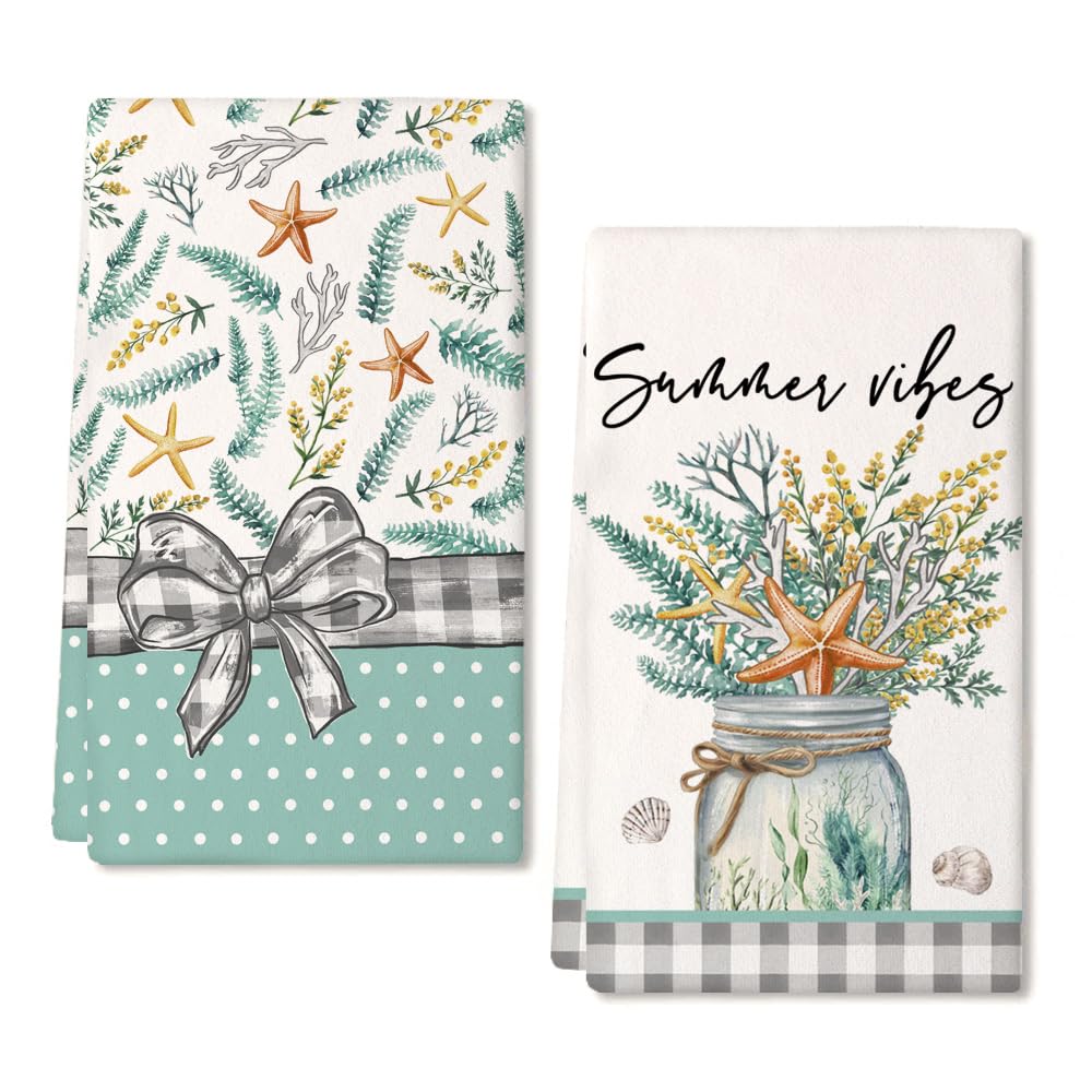 ARKENYGreen Leaves Summer Kitchen Towels Dish Towels Set of 2,Black Buffalo Plaid Summer Vibes Hand Towels 18x26 Inch Drying Dishcloth,Farmhouse Home Seasonal Holiday Summer Decorations AD297