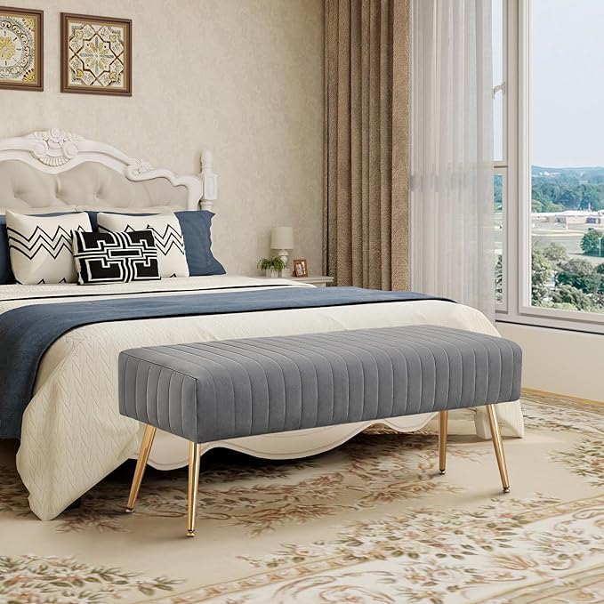 Image of Modern Velvet 2 Seater Ottoman | Upholstered Long Ottoman for Bedroom, Living Room, Entryway, Sofa Upholstered or End of Bed Seating | Comfortable Padded Accent Furniture | Velvet Grey